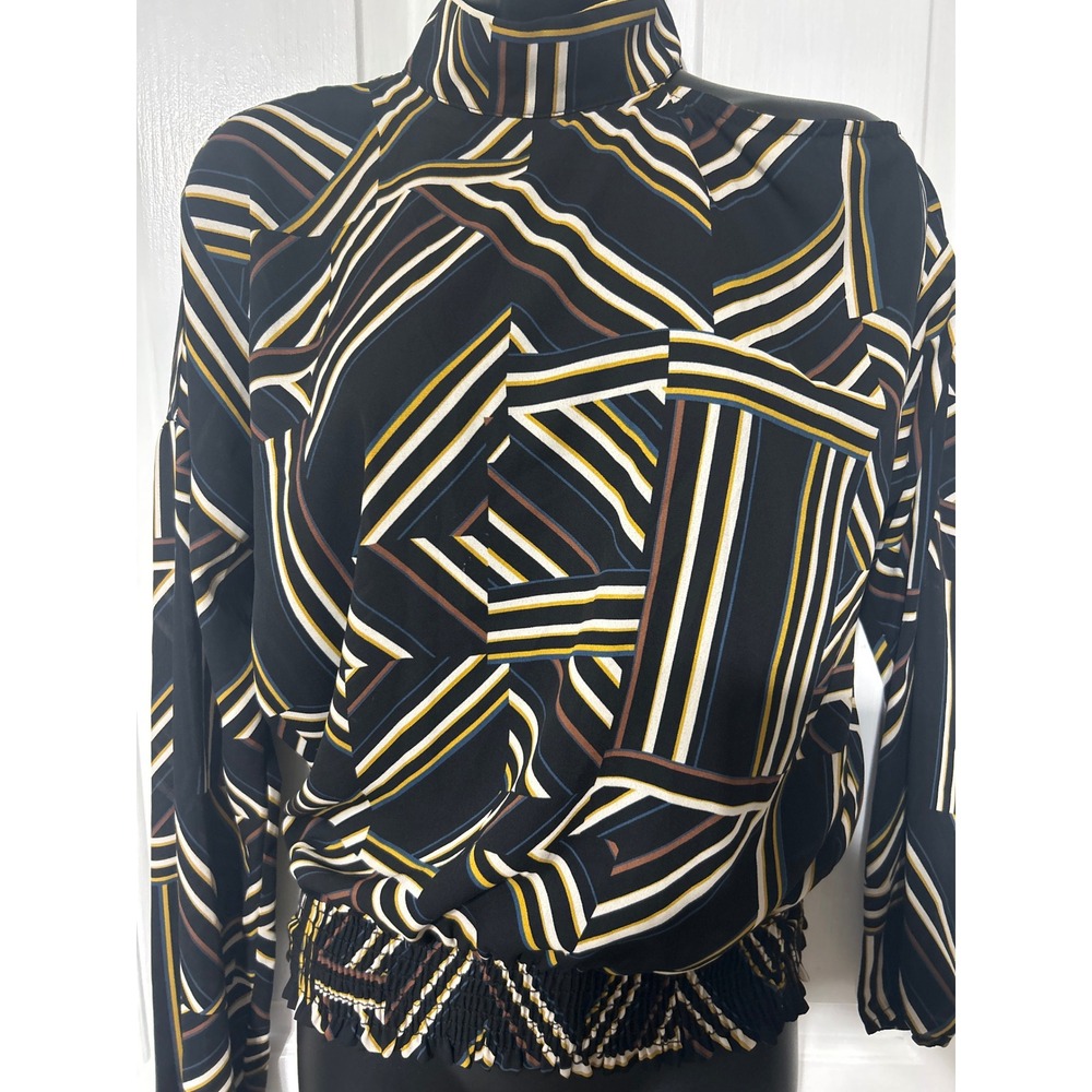 Allison‎ Joy Blouse Small Black Geometric Print Long Sleeve Mock Neck Top S